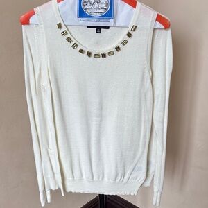 Cream Sweater-set with yellow/gold rhinestone embellishments